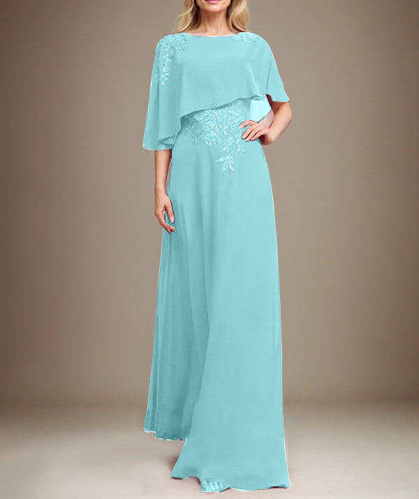 A-line Scoop Floor-Length Chiffon Lace Mother of the Bride Dress With Sequins Beading