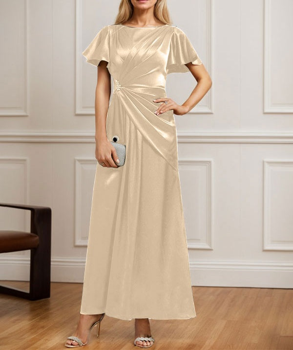 A-line Scoop Ankle-Length Stretch Satin Mother of the Bride Dress With Pleated Beading