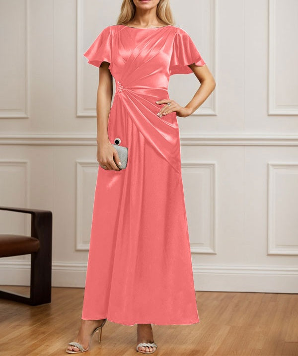 A-line Scoop Ankle-Length Stretch Satin Mother of the Bride Dress With Pleated Beading