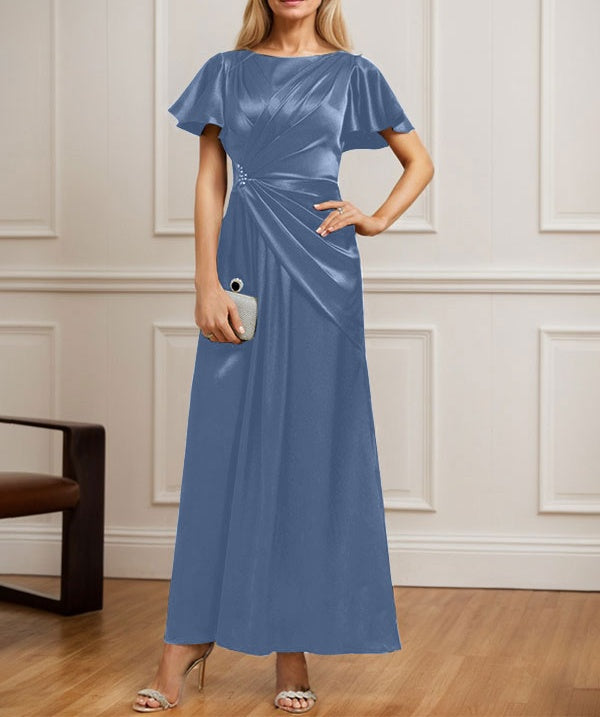 A-line Scoop Ankle-Length Stretch Satin Mother of the Bride Dress With Pleated Beading