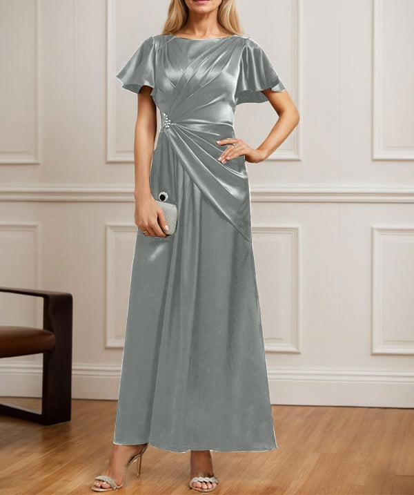 A-line Scoop Ankle-Length Stretch Satin Mother of the Bride Dress With Pleated Beading