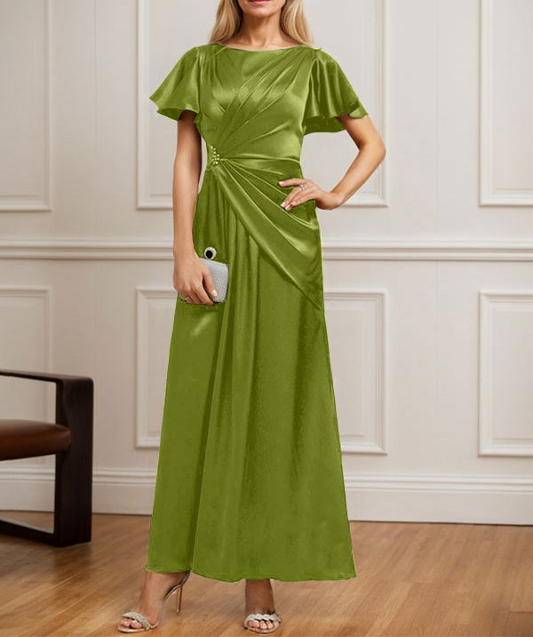 A-line Scoop Ankle-Length Stretch Satin Mother of the Bride Dress With Pleated Beading