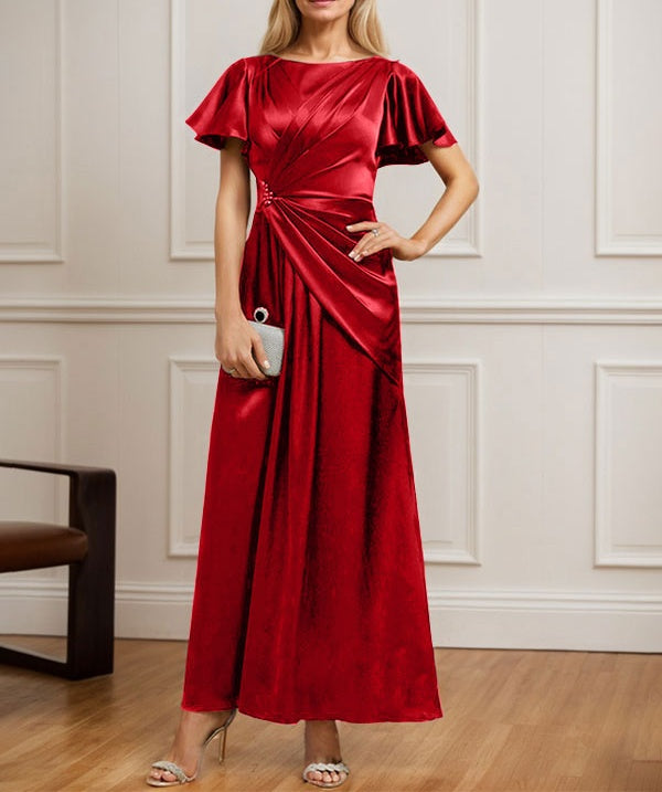 A-line Scoop Ankle-Length Stretch Satin Mother of the Bride Dress With Pleated Beading