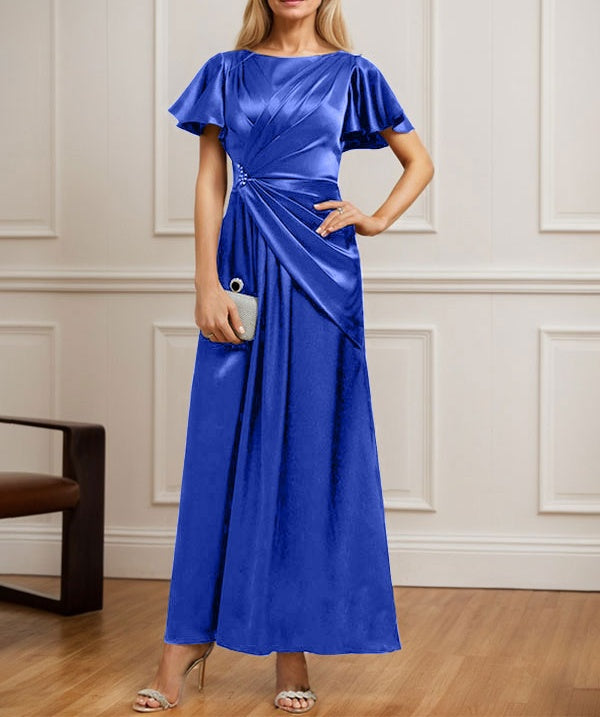A-line Scoop Ankle-Length Stretch Satin Mother of the Bride Dress With Pleated Beading