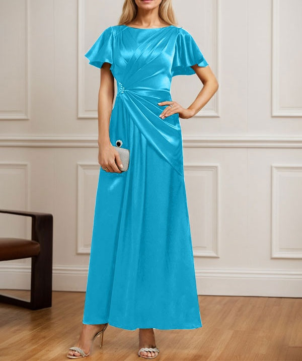 A-line Scoop Ankle-Length Stretch Satin Mother of the Bride Dress With Pleated Beading