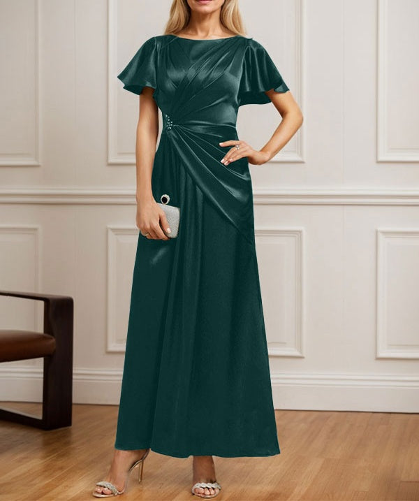 A-line Scoop Ankle-Length Stretch Satin Mother of the Bride Dress With Pleated Beading
