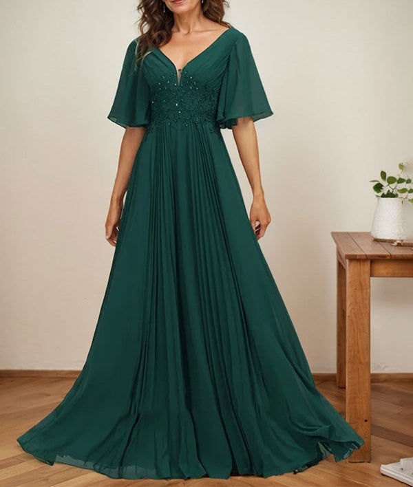 A-line V-Neck Floor-Length Chiffon Mother of the Bride Dress With Sequins Appliques Lace Pleated