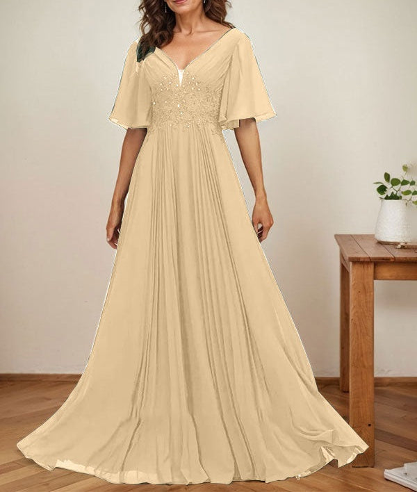 A-line V-Neck Floor-Length Chiffon Mother of the Bride Dress With Sequins Appliques Lace Pleated