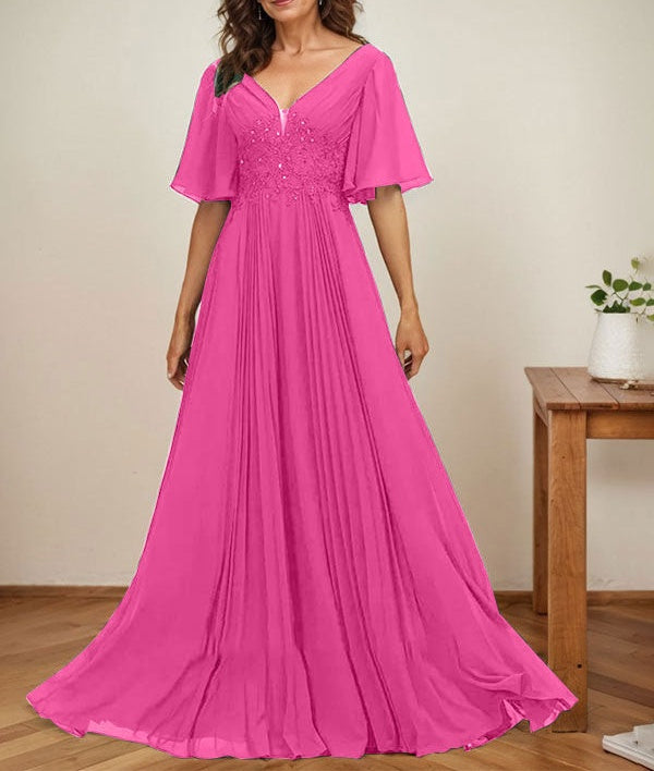 A-line V-Neck Floor-Length Chiffon Mother of the Bride Dress With Sequins Appliques Lace Pleated