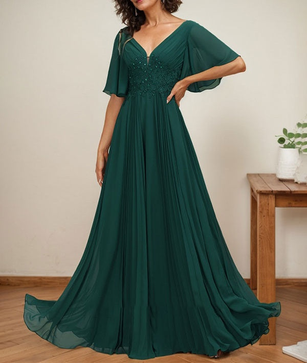 A-line V-Neck Floor-Length Chiffon Mother of the Bride Dress With Sequins Appliques Lace Pleated