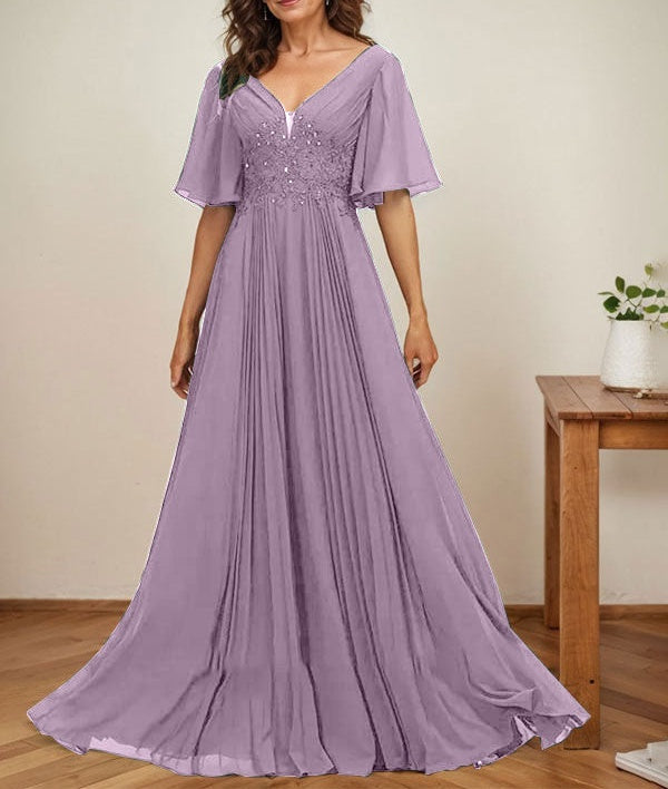 A-line V-Neck Floor-Length Chiffon Mother of the Bride Dress With Sequins Appliques Lace Pleated