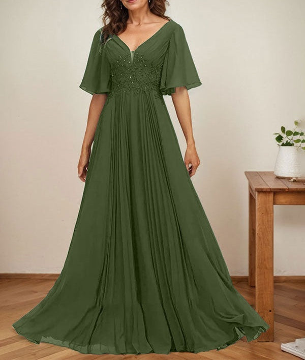 A-line V-Neck Floor-Length Chiffon Mother of the Bride Dress With Sequins Appliques Lace Pleated