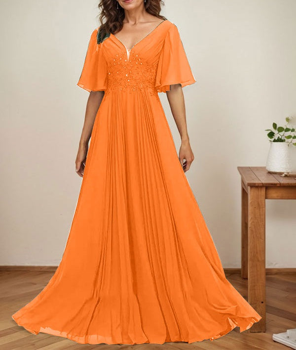 A-line V-Neck Floor-Length Chiffon Mother of the Bride Dress With Sequins Appliques Lace Pleated
