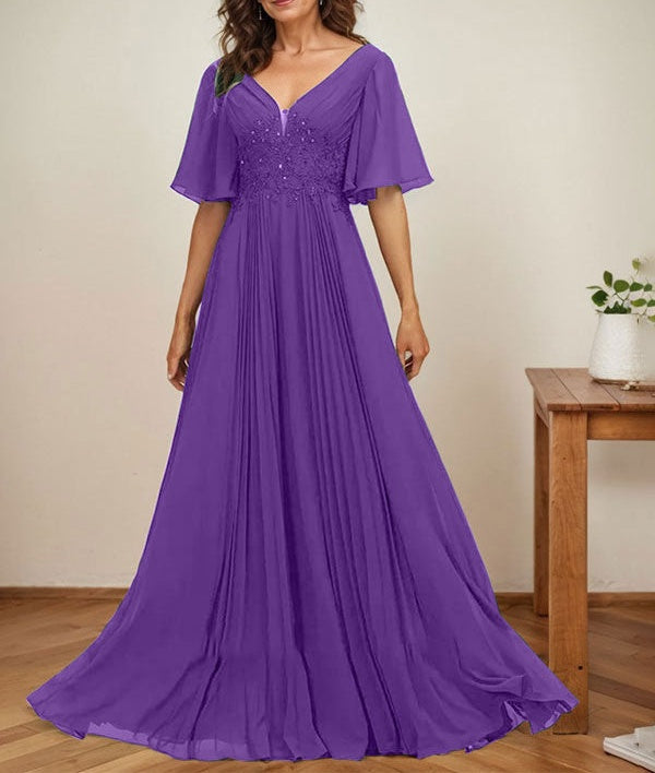 A-line V-Neck Floor-Length Chiffon Mother of the Bride Dress With Sequins Appliques Lace Pleated