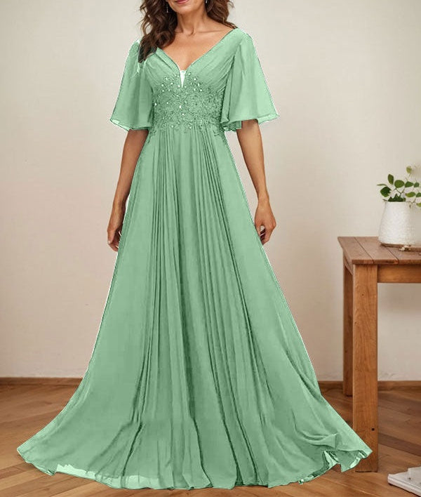 A-line V-Neck Floor-Length Chiffon Mother of the Bride Dress With Sequins Appliques Lace Pleated