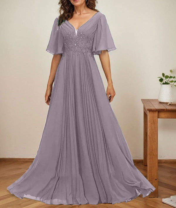 A-line V-Neck Floor-Length Chiffon Mother of the Bride Dress With Sequins Appliques Lace Pleated