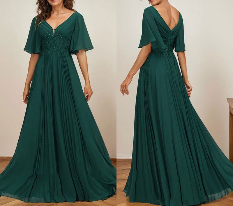 A-line V-Neck Floor-Length Chiffon Mother of the Bride Dress With Sequins Appliques Lace Pleated