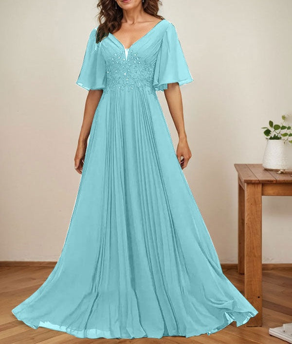 A-line V-Neck Floor-Length Chiffon Mother of the Bride Dress With Sequins Appliques Lace Pleated