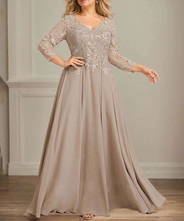 A-line V-Neck Floor-Length Lace Chiffon Mother of the Bride Dress With Sequins