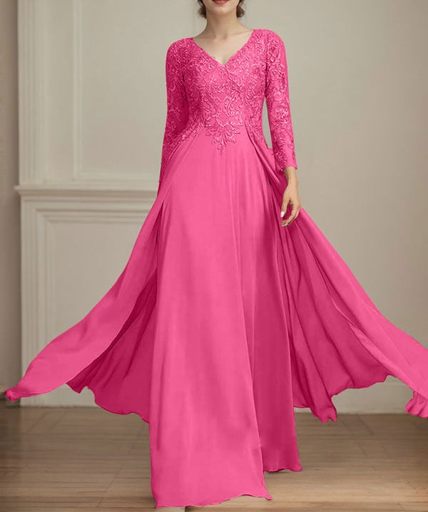 A-line V-Neck Floor-Length Lace Chiffon Mother of the Bride Dress With Sequins
