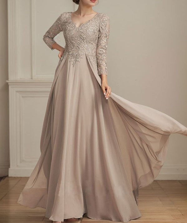 A-line V-Neck Floor-Length Lace Chiffon Mother of the Bride Dress With Sequins