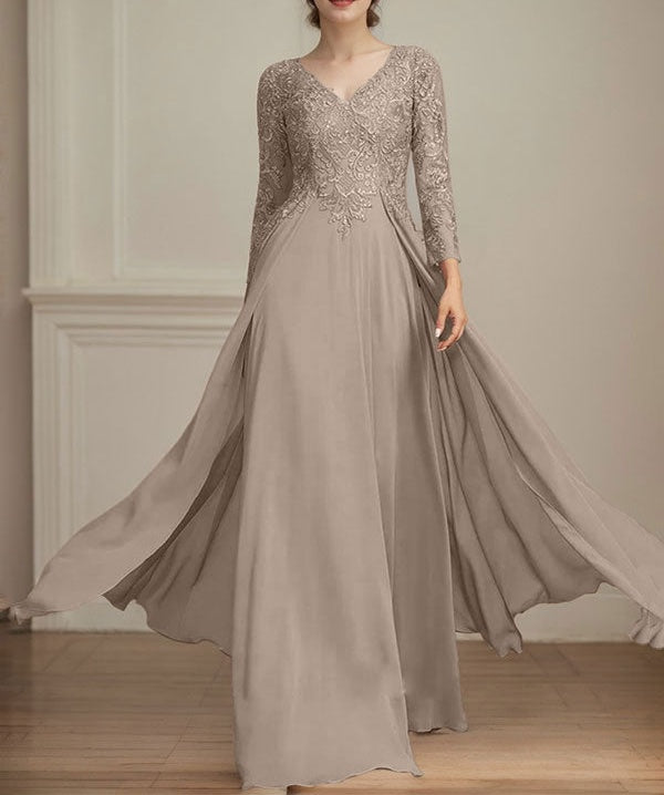 A-line V-Neck Floor-Length Lace Chiffon Mother of the Bride Dress With Sequins