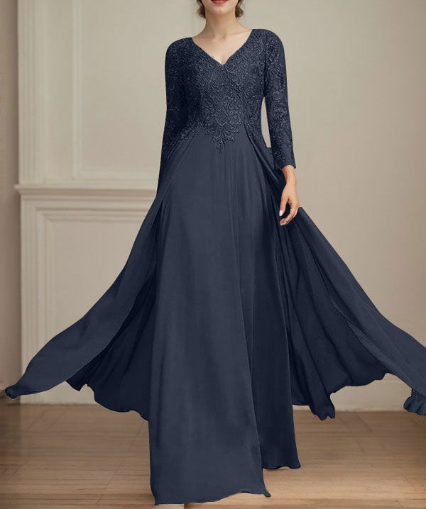 A-line V-Neck Floor-Length Lace Chiffon Mother of the Bride Dress With Sequins