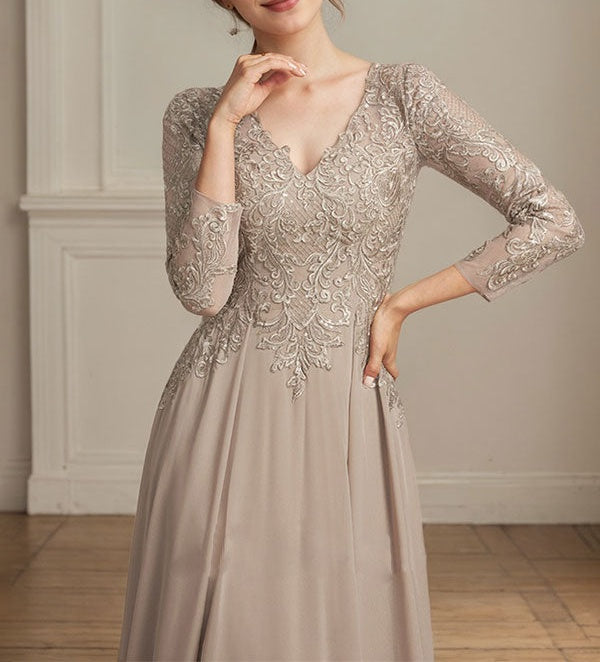 A-line V-Neck Floor-Length Lace Chiffon Mother of the Bride Dress With Sequins