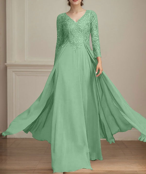 A-line V-Neck Floor-Length Lace Chiffon Mother of the Bride Dress With Sequins