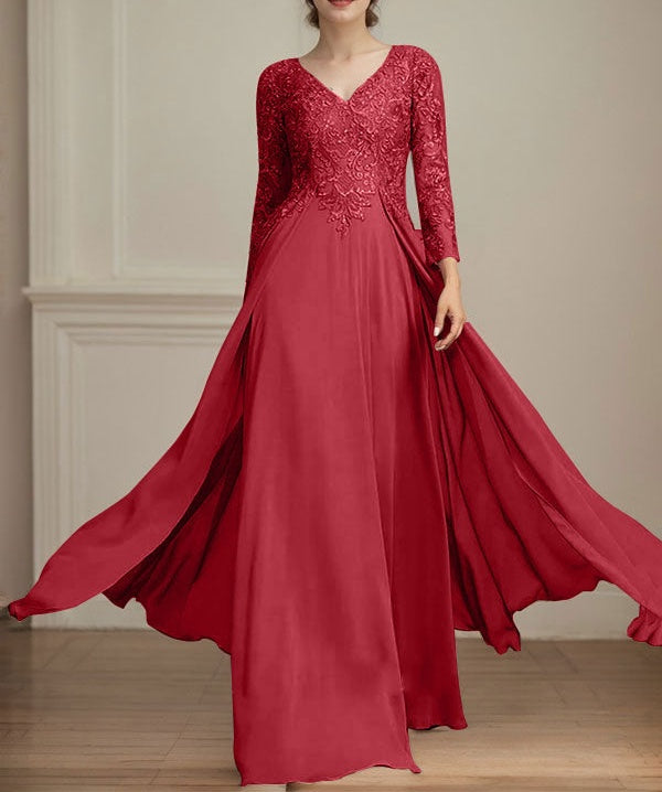 A-line V-Neck Floor-Length Lace Chiffon Mother of the Bride Dress With Sequins
