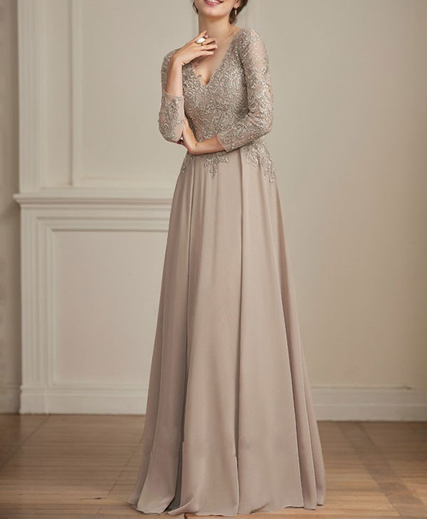 A-line V-Neck Floor-Length Lace Chiffon Mother of the Bride Dress With Sequins