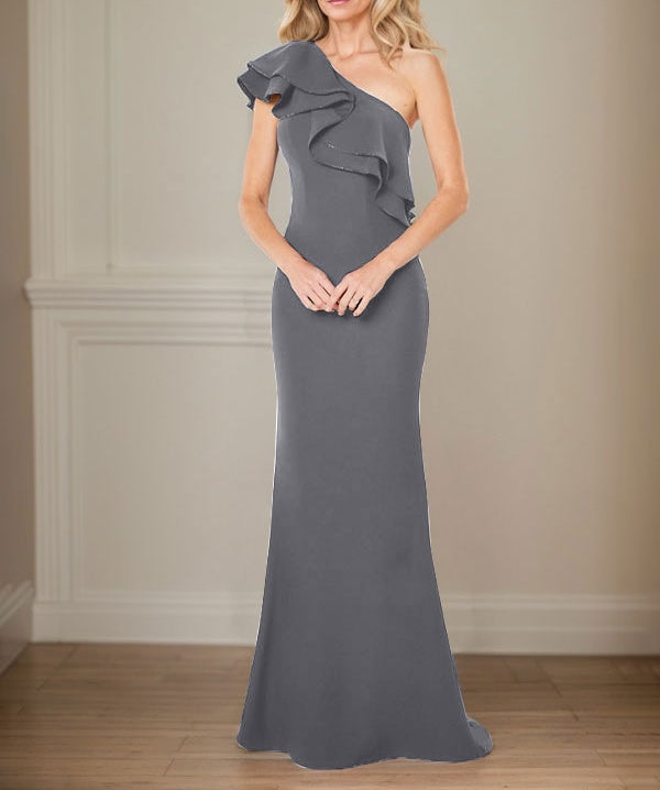 A-line One Shoulder Floor-Length Chiffon Mother of the Bride Dress With Ruffles