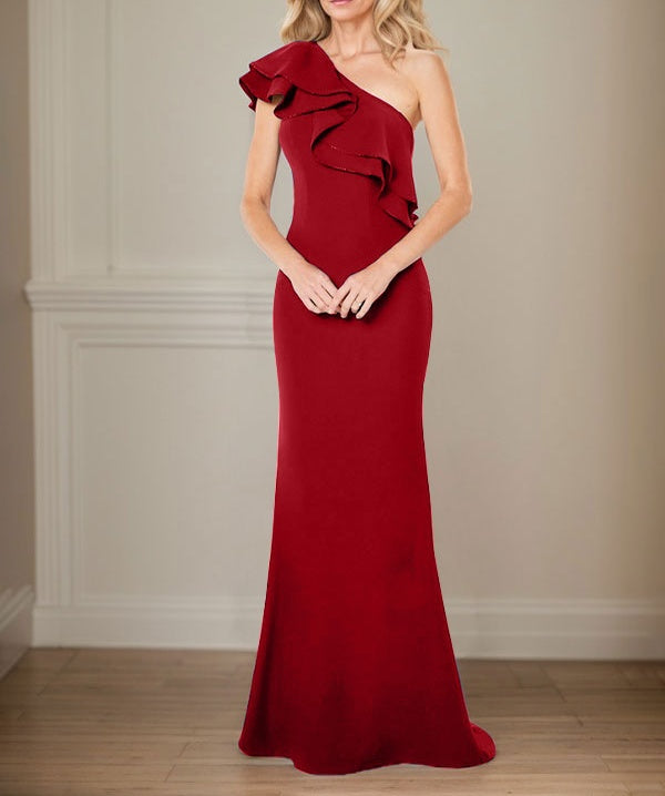 A-line One Shoulder Floor-Length Chiffon Mother of the Bride Dress With Ruffles
