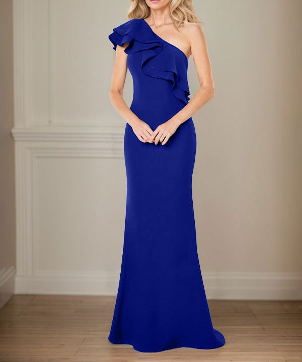 A-line One Shoulder Floor-Length Chiffon Mother of the Bride Dress With Ruffles