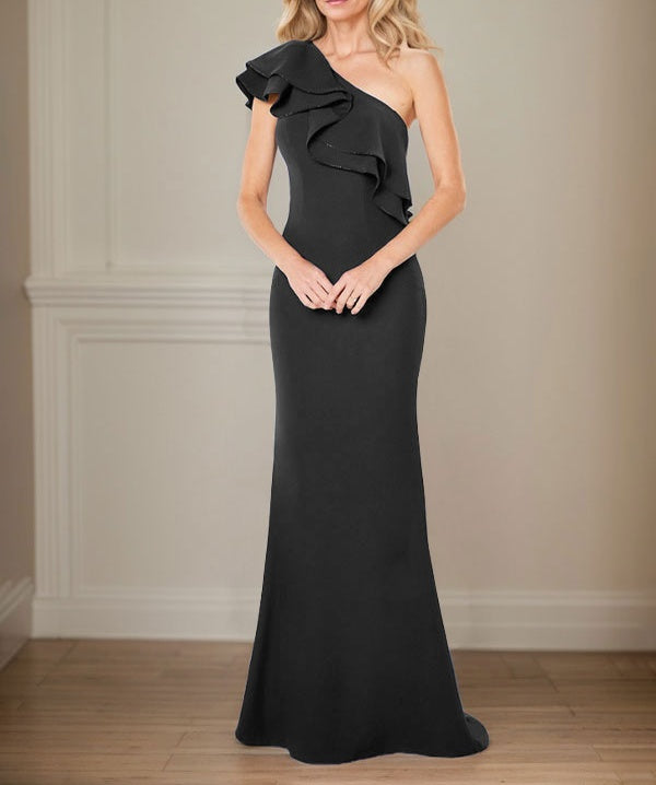 A-line One Shoulder Floor-Length Chiffon Mother of the Bride Dress With Ruffles