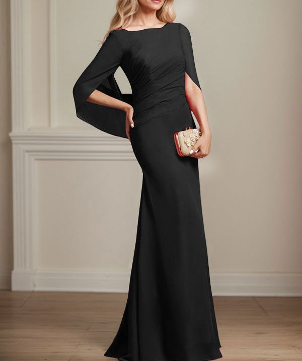 Trumpet/Mermaid Boat Neck Floor-Length Chiffon Mother of the Bride Dress With Pleated