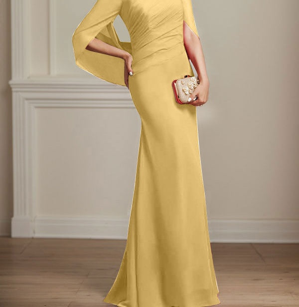 Trumpet/Mermaid Boat Neck Floor-Length Chiffon Mother of the Bride Dress With Pleated
