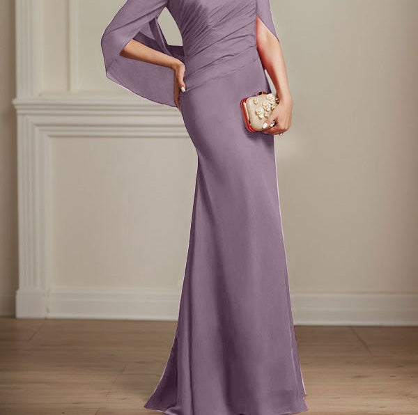 Trumpet/Mermaid Boat Neck Floor-Length Chiffon Mother of the Bride Dress With Pleated