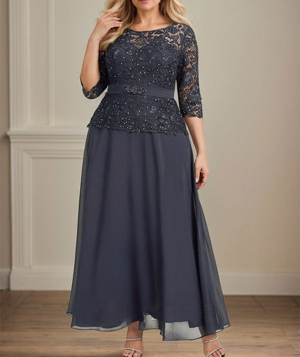 A-line Scoop Illusion Ankle-Length Chiffon Lace Mother of the Bride Dress With Rhinestone Beading
