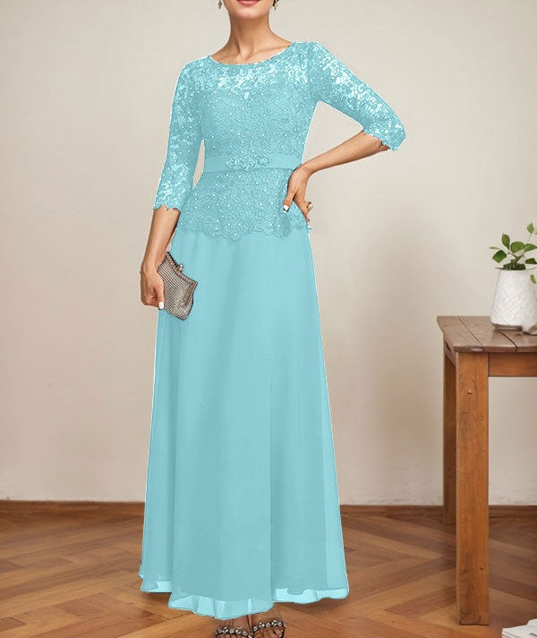 A-line Scoop Illusion Ankle-Length Chiffon Lace Mother of the Bride Dress With Rhinestone Beading