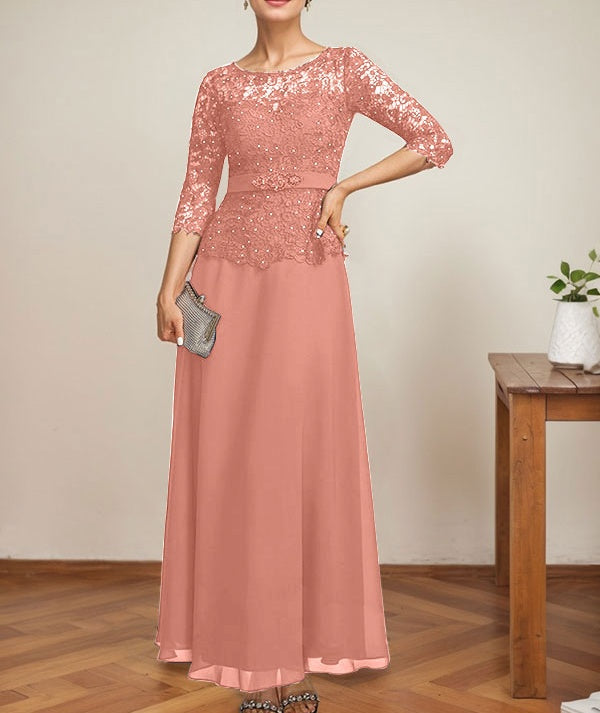 A-line Scoop Illusion Ankle-Length Chiffon Lace Mother of the Bride Dress With Rhinestone Beading
