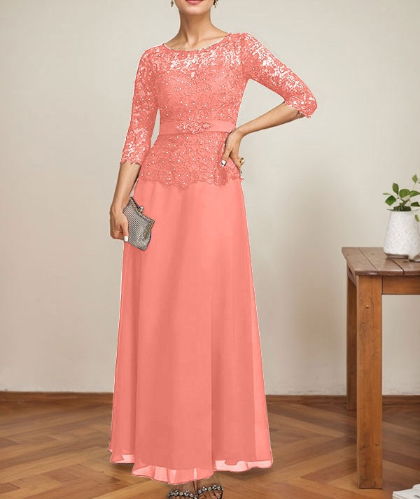 A-line Scoop Illusion Ankle-Length Chiffon Lace Mother of the Bride Dress With Rhinestone Beading