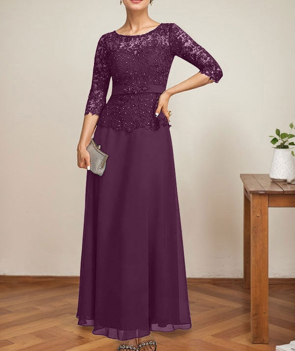 A-line Scoop Illusion Ankle-Length Chiffon Lace Mother of the Bride Dress With Rhinestone Beading