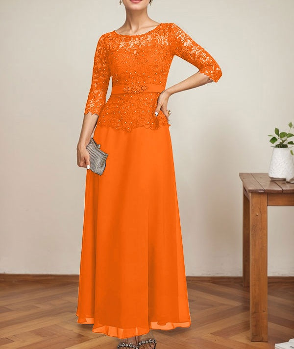 A-line Scoop Illusion Ankle-Length Chiffon Lace Mother of the Bride Dress With Rhinestone Beading
