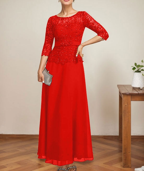A-line Scoop Illusion Ankle-Length Chiffon Lace Mother of the Bride Dress With Rhinestone Beading