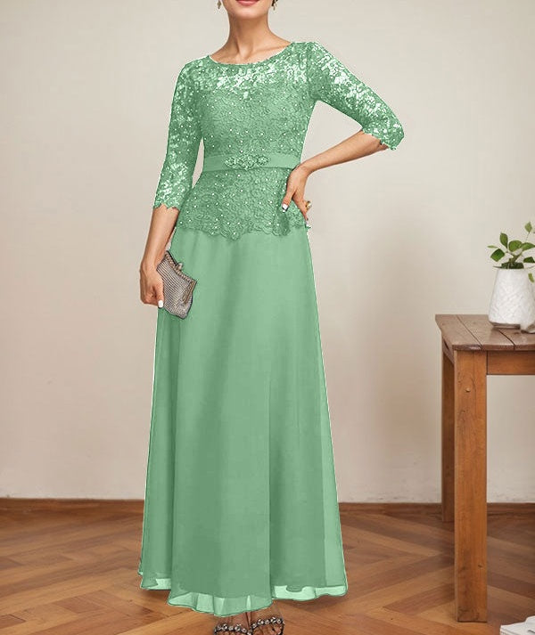 A-line Scoop Illusion Ankle-Length Chiffon Lace Mother of the Bride Dress With Rhinestone Beading