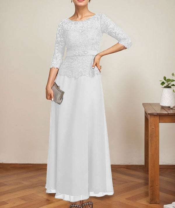 A-line Scoop Illusion Ankle-Length Chiffon Lace Mother of the Bride Dress With Rhinestone Beading