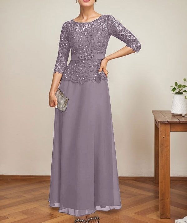 A-line Scoop Illusion Ankle-Length Chiffon Lace Mother of the Bride Dress With Rhinestone Beading