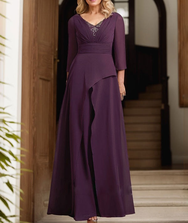 A-line V-Neck Floor-Length Chiffon Mother of the Bride Dress With Pleated Beading