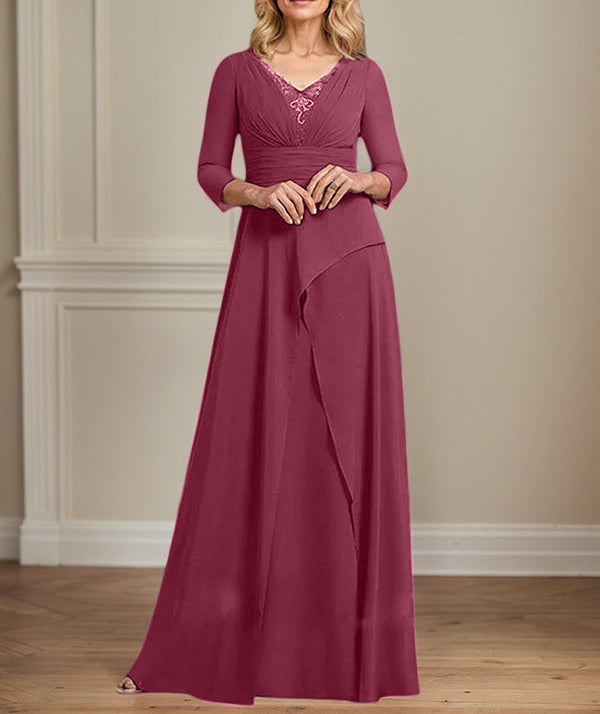 A-line V-Neck Floor-Length Chiffon Mother of the Bride Dress With Pleated Beading
